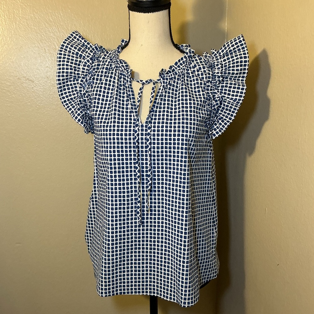 Vineyard Vines Navy and White Grid Ruffle Tie Neck Blouse